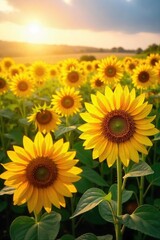 Fototapeta premium A vibrant field of sunflowers basking in the golden sunlight, their faces turned towards the sun A breathtaking display of nature's beauty and abundant summer warmth , rural, blossom