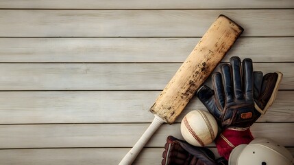 Vintage cricket equipment resting on a weathered wooden surface for a nostalgic feel