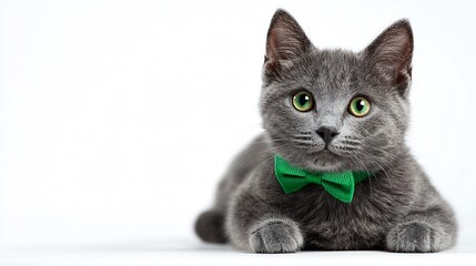 Charming Gray Cat with Short Hair and Green Bow Tie Sitting Posing for Camera