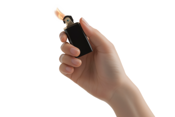 Hand Holding a Black Lighter with Flame Against Transparent Background