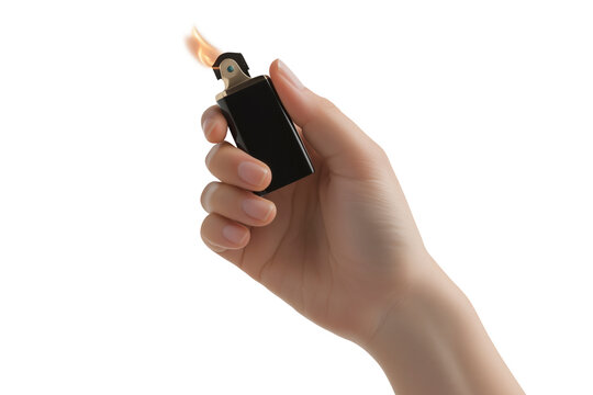 Hand Holding a Black Lighter with Flame Against Transparent Background