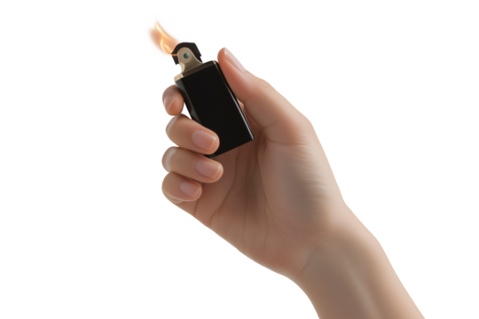 Hand Holding a Black Lighter with Flame Against Transparent Background