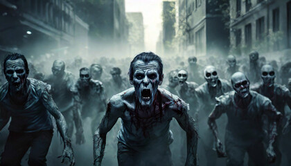 Fototapeta premium Zombie crowd emerging into city background
