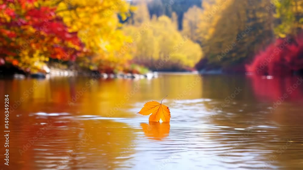 Poster floating maple leaf on water surface with autumn trees reflecting in background on calm river stream