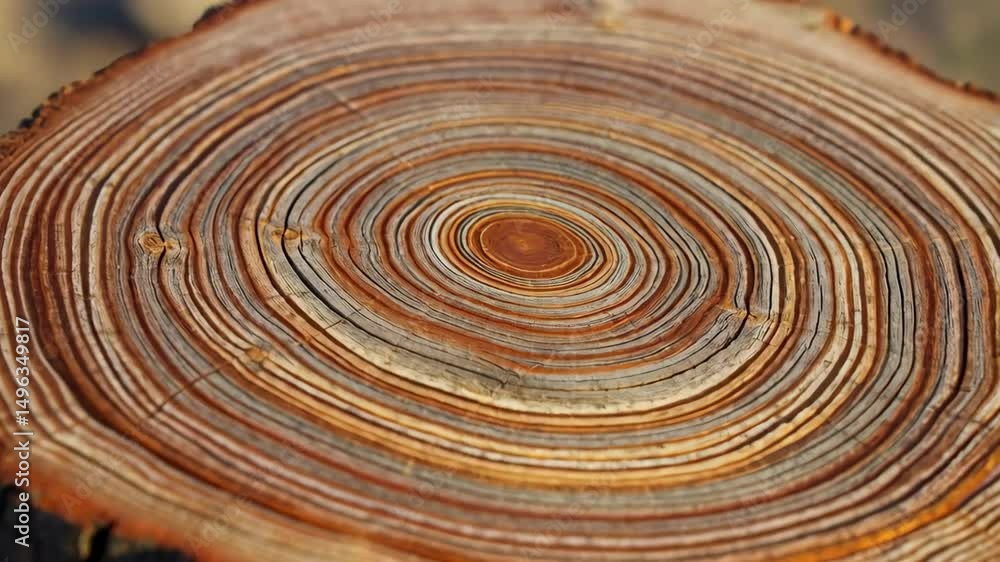 Aufkleber close-up view of an aging tree stump showing concentric growth rings and patterns, displaying annual