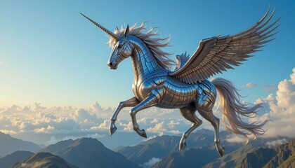 Fototapeta premium A Unicorn with Metallic Scales Flying in Sky.