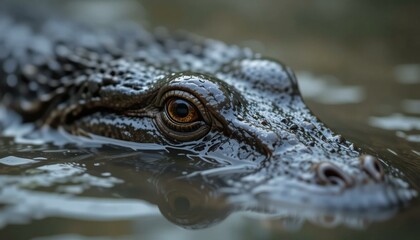 Fototapeta premium Crocodile Soaks in Water with Only Eyes Exposed.
