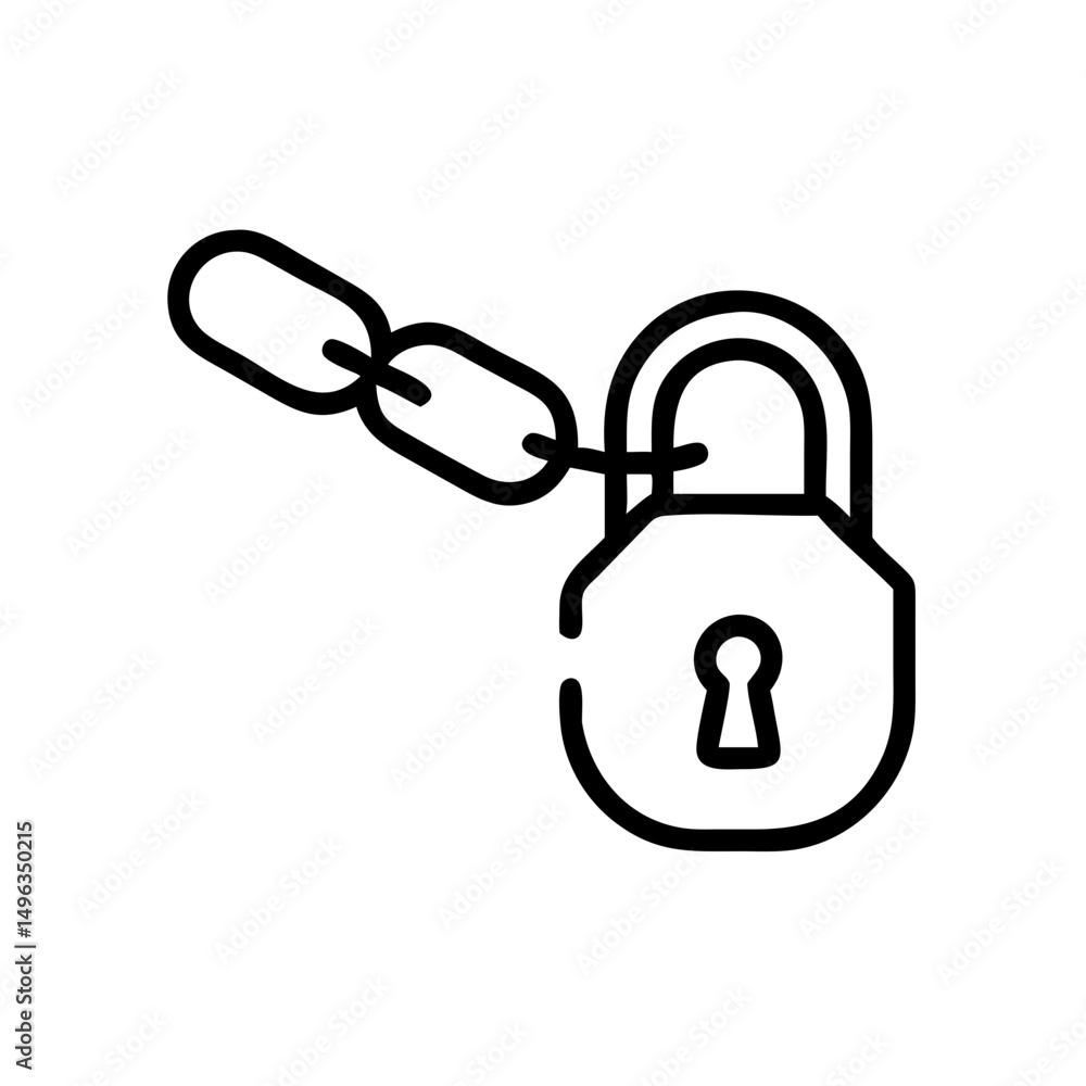 Poster a black outline icon of an open padlock attached to a chain. could be used for blogs or websites abo