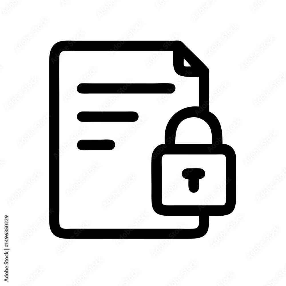 Poster a black outline icon of a document with lines of text and a closed padlock. could be used for blogs 