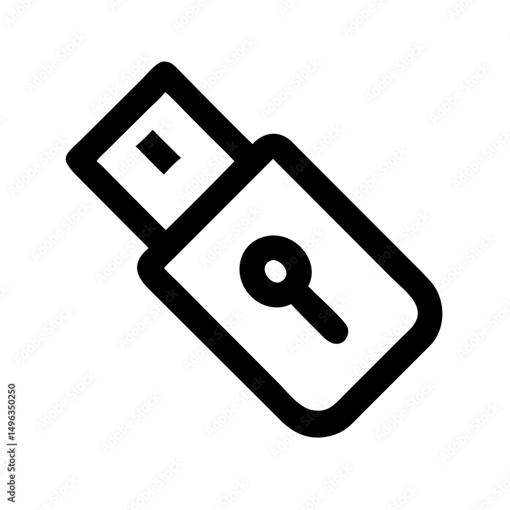 Poster a black outline icon of a usb drive with a keyhole symbol. could be used for tech blogs or websites 