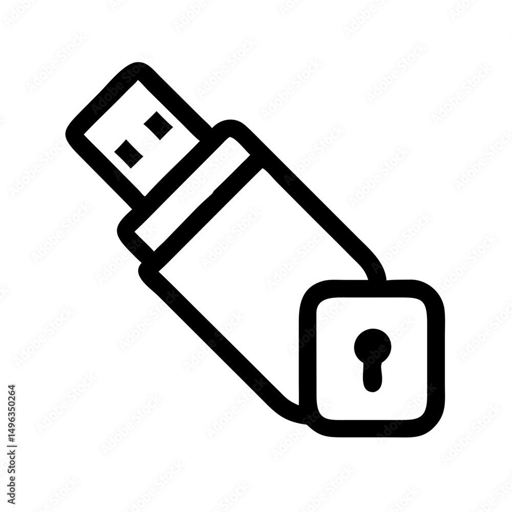 Poster a black outline icon of a usb drive with a keyhole symbol. could be used for tech blogs or websites 