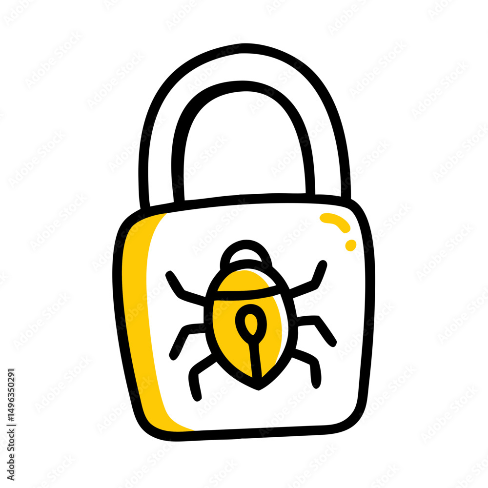 Poster a black and white doodle-style icon of a padlock with a bug-shaped lock on it. it could be used for 