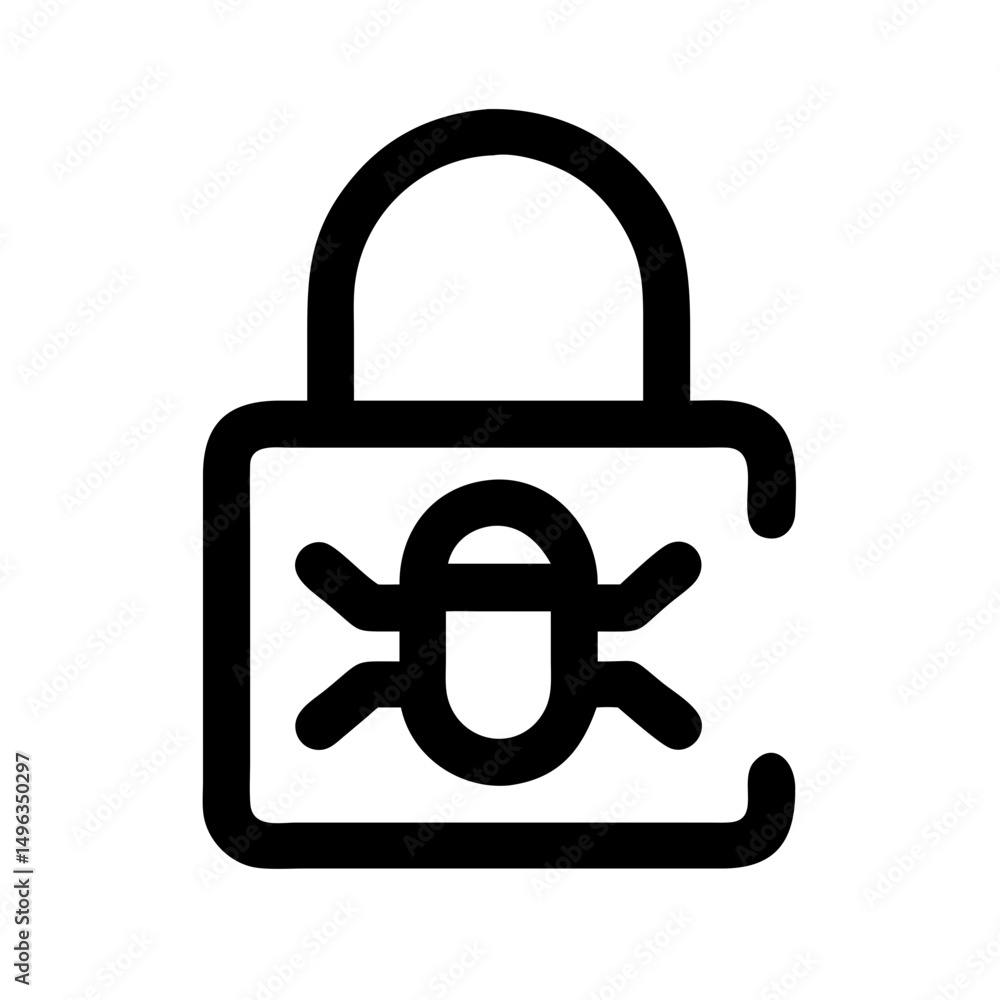 Poster black outline icon showing a padlock with a smaller bug-shaped lock attached. could be used for cybe