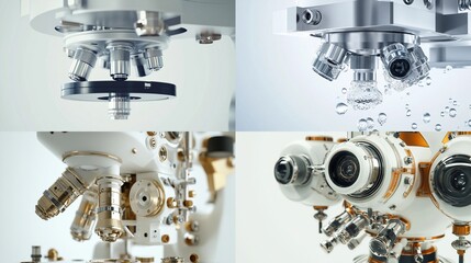 Four close-up views of complex, futuristic scientific instruments, highlighting intricate mechanisms and optical components