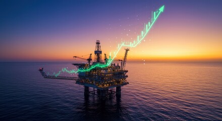 Oil rig at sunset with rising graph