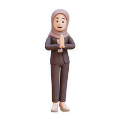 3D business muslim woman character gesturing traditional greeting hand