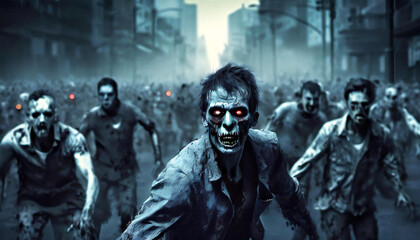 Fototapeta premium Zombie crowd emerging into city background