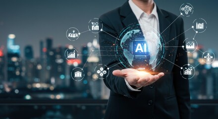 Person holding AI globe over city skyline