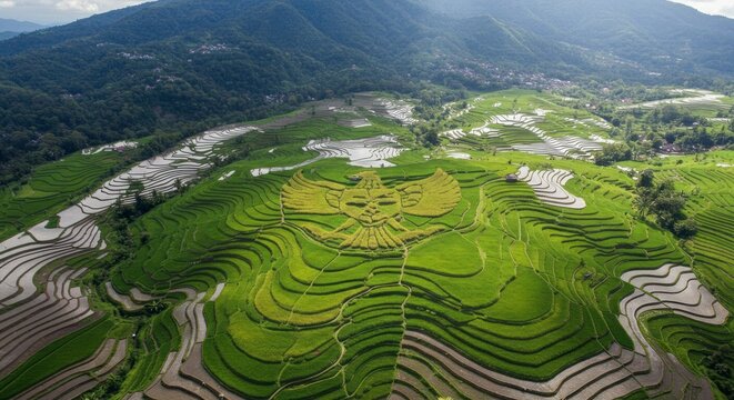 Fototapeta Aerial view of terraced rice fields with Garuda Pancasila in West Java, Indonesia