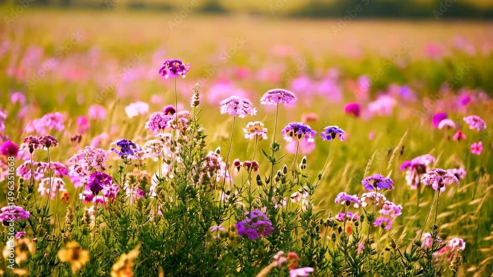 Poster lush flower field displaying various violet and purple blooms swaying gently in a subtle breeze on a