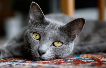 Grey korat cat lying on a colorful carpet