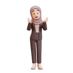 3D business muslim woman character feels happy and romantic shapes heart hand gesture