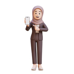 3D business muslim woman character holding a cell phone and pointing to it