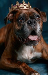 Boxer dog wearing golden crown posing in studio