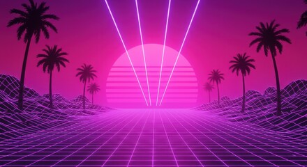 Fototapeta premium Retro futuristic landscape with neon grid and palm trees. Sunrise or sunset view