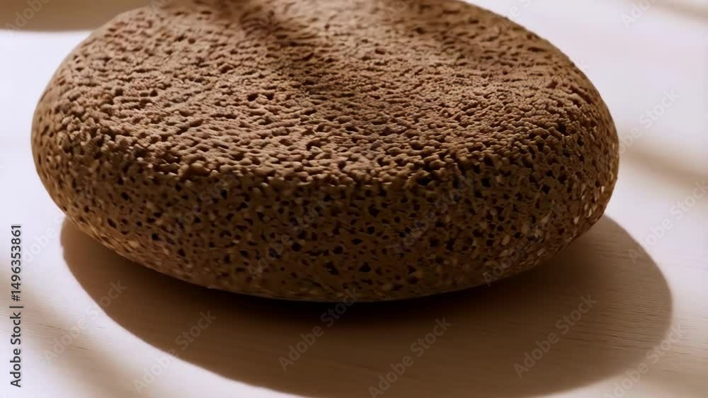 Poster a close-up studio shot showing a round brown loaf with a dimpled surface sitting on a white table su