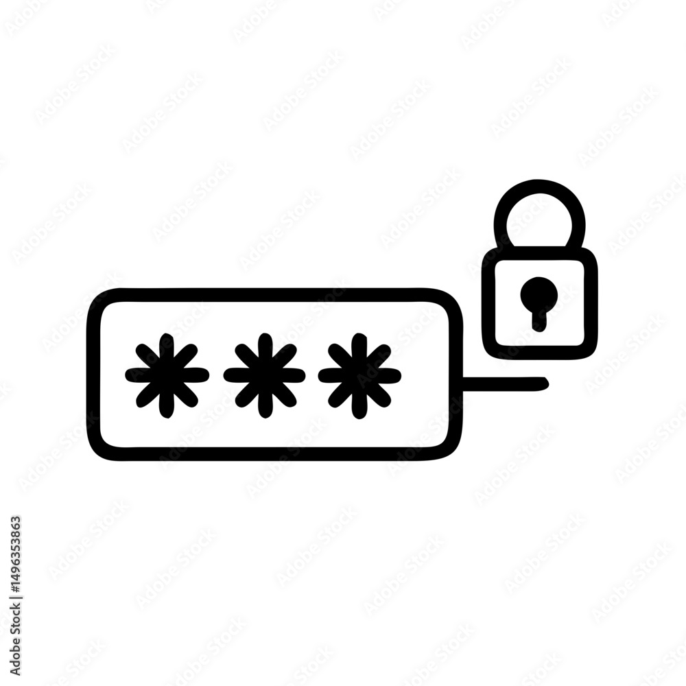 Poster password field with asterisks linked to a padlock, signifying secure login or account protection. id