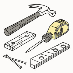 Carpentry tools hammer nails wood level