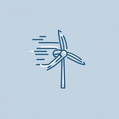 Minimalist illustration of a wind turbine with motion lines, symbolizing clean and renewable wind energy on a light blue background.