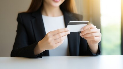Fototapeta premium Businesswoman holding a credit card while sitting at a desk with sunlight streaming through window in a professional office environment