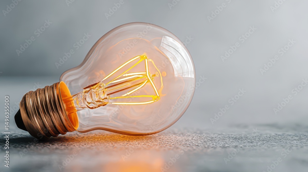 Poster vintage style light bulb with warm glow lying on textured surface, showcasing intricate filament des