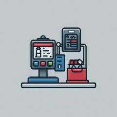 A self-checkout machine with a shopping bag and screen interface, illustrated on a plain background.