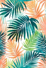 Watercolor Palms Foliage Seamless Pattern, Tropical Leaf Background Style