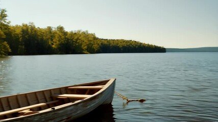 Idyllic summer scene featuring a weathered wooden rowboat drifting on a calm lake under a bright sun surrounded by lush green trees.