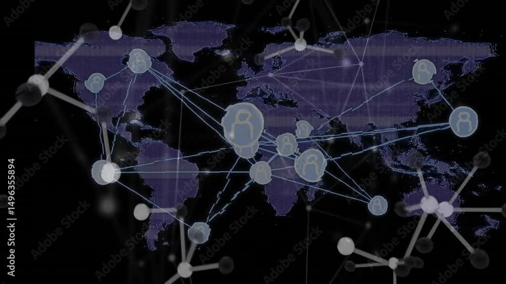 Poster dark screen showing purple map nodes glowing and linking continents with pulsing lines showing flow