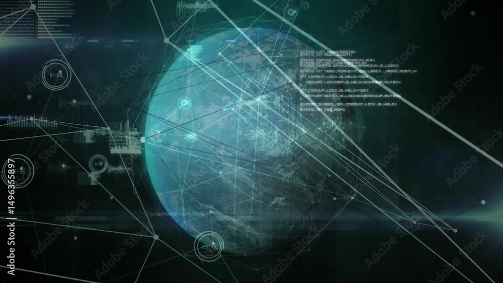 Poster opening dark interface, transparent globe floating and displaying network lines, panels and nodes