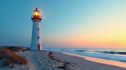 Serene Coastal Lighthouse at Dawn A Beacon of Hope and Guidance on a Sandy Shore