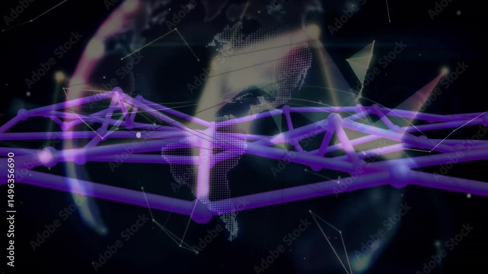 Poster subtle pulses initiating purple lattice shifting violet-pink, syncing globe visualizing data flow