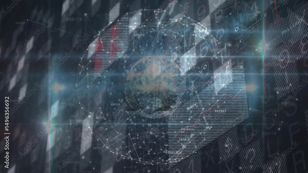 Aufkleber faint nodes emerging connecting lines into wireframe globe, panels animating visualizing data
