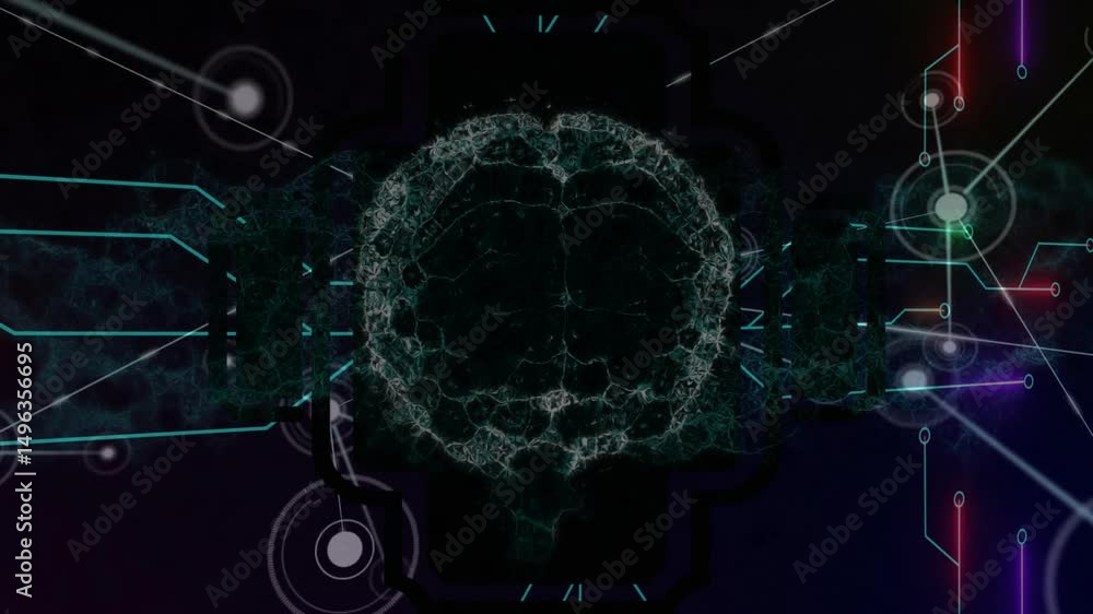 Poster gradient backdrop rising filament forming neural mesh while colored lines pulsing showing data flow
