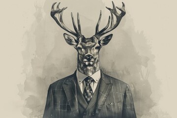 Deer in clothes with shiny horns. Business man in suit with tie with deer head. Graphic concept in vintage style.