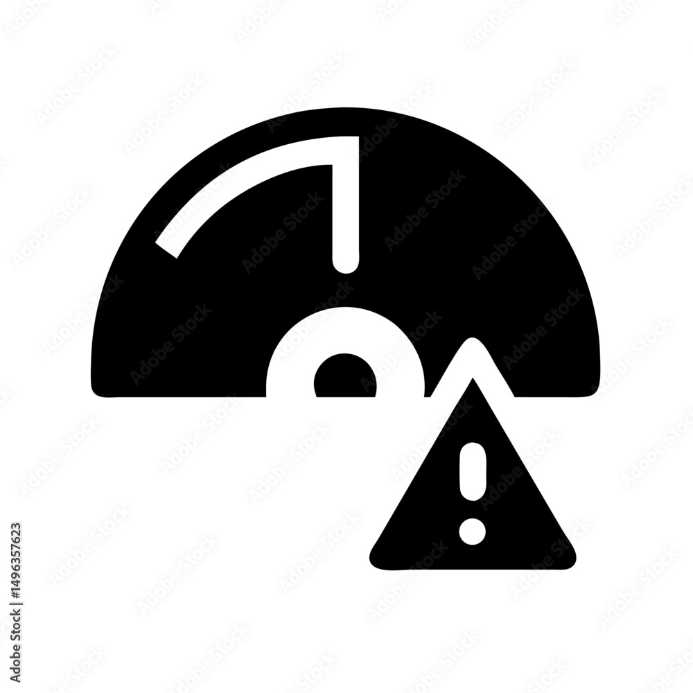 Poster speedometer icon with an exclamation mark, indicating performance issues or a warning. useful for we