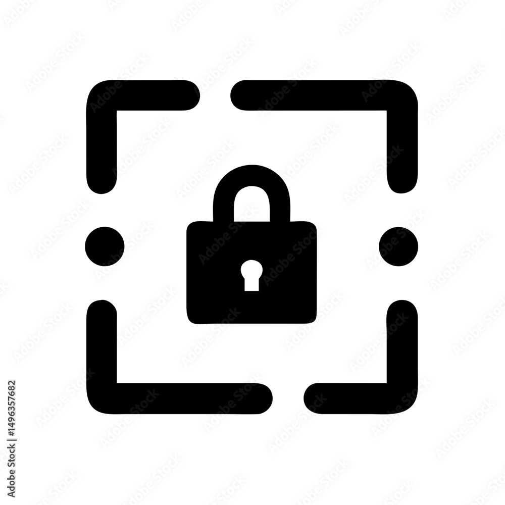 Poster black padlock with a keyhole, centered within a square made of dashed lines and dots at the corners.