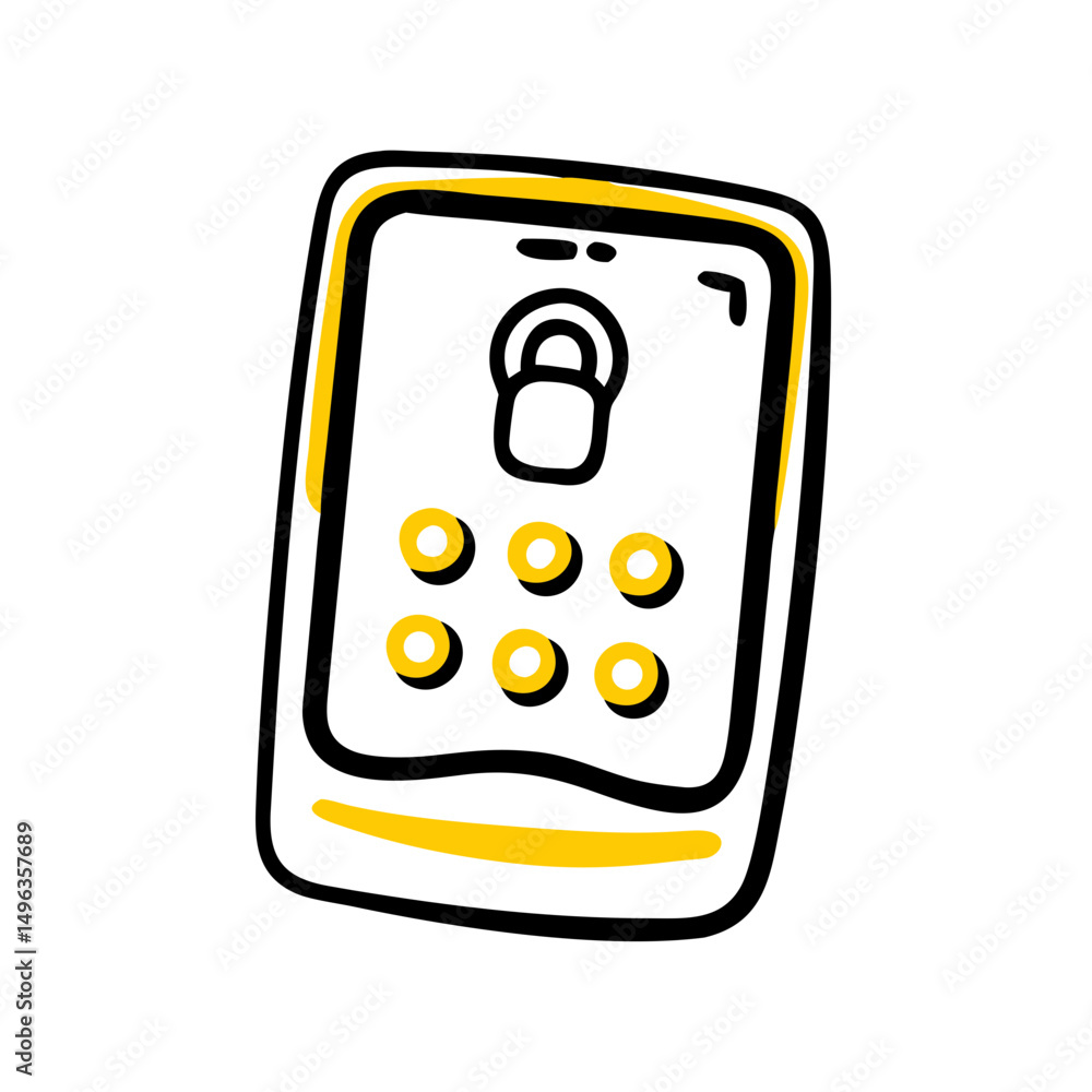 Poster mobile phone with a keypad pattern and a padlock, symbolizing device security. ideal for websites/bl