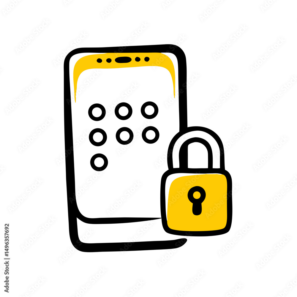 Poster mobile phone with a keypad pattern and a padlock, symbolizing device security. ideal for websites/bl