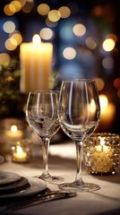 Elegant dinner table with wine glasses and candles, a romantic evening for two